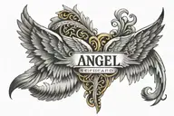 angel wings with name written vertically tattoo design idea