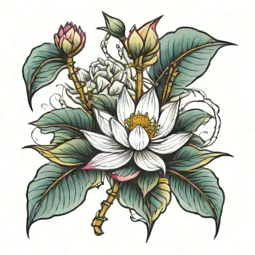 lotus flower with bamboo stalks tattoo design idea