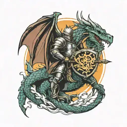 Knight fighting dragon blocking the dragon fire with his shield tattoo design idea