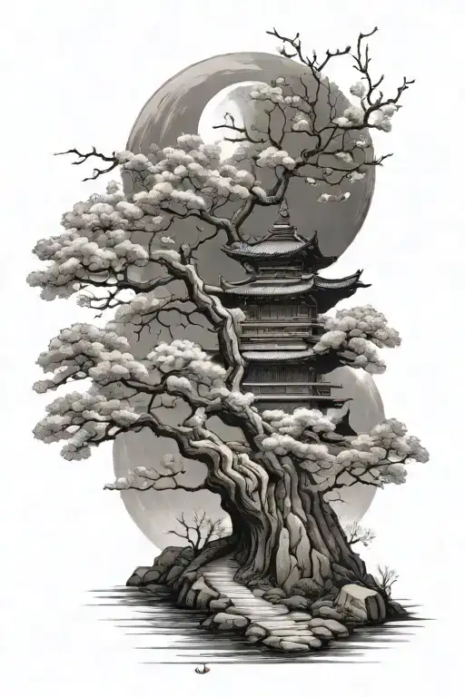 japanese temple cherry blossom tree moon tattoo design idea