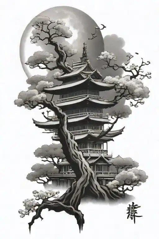 japanese temple cherry blossom tree moon tattoo design idea