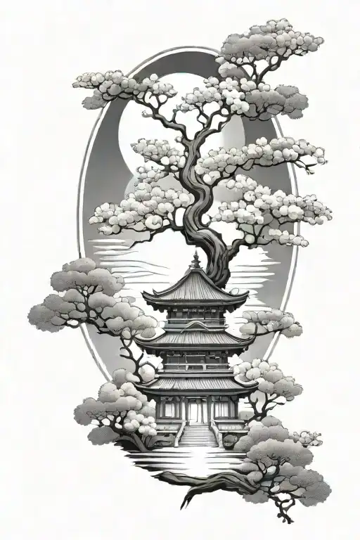 japanese temple cherry blossom tree moon shining tattoo design idea