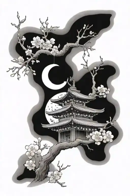 japanese temple cherry blossom tree moon merging together tattoo design idea
