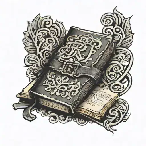 A black and grey tattoo of an old leatgerbound book. The book is closed and its worn cover has the letter R on it. It mu tattoo design idea