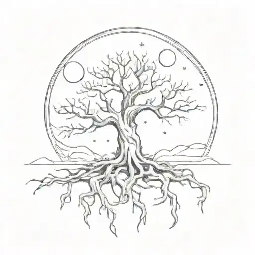 tree roots with moon behind  tattoo design idea