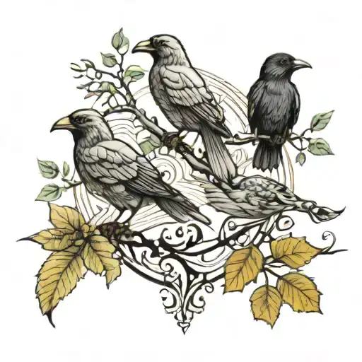 A design of shadows,brotherhood, unity, laying stone, a bird posing on a branch with pirul leaves and three birds flying tattoo design idea