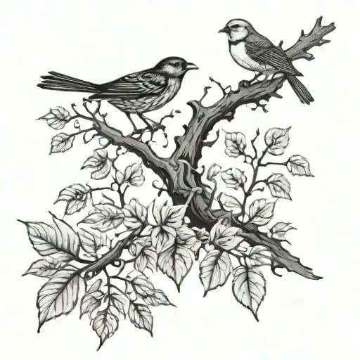 A unit design in shadows, branch on stones, a bird posing on a branch with pirul leaves and three birds flying tattoo design idea