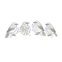  A unit design in shadows, branch on stones, a bird posing on a branch with pirul leaves and three birds flying tattoo design idea