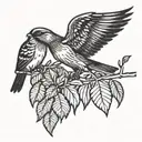 A design of shadows,brotherhood, unity, laying stone, a bird posing on a branch with pirul leaves and three birds flying tattoo design idea