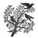 A design of shadows,brotherhood, unity, laying stone, a bird posing on a branch with pirul leaves and three birds flying tattoo design idea