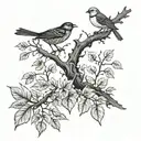  A unit design in shadows, branch on stones, a bird posing on a branch with pirul leaves and three birds flying tattoo design idea