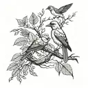  A unit design in shadows, branch on stones, a bird posing on a branch with pirul leaves and three birds flying tattoo design idea