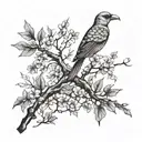  A unit design in shadows, branch on stones, a bird posing on a branch with pirul leaves and three birds flying tattoo design idea