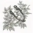  A unit design in shadows, branch on stones, a bird posing on a branch with pirul leaves and three birds flying tattoo design idea