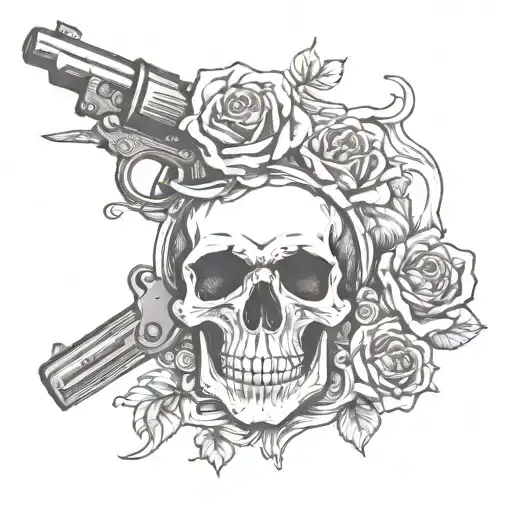 skull with two old school revolvers crossing be hind it adorned in roses tattoo design idea