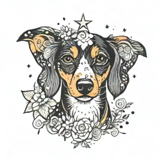 dashchund , piebald, black tan and white, black ticking, floral, stars, female, Maggie, tattoo design idea
