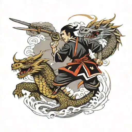A Japanese samurai battling a fierce dragon in a traditional style tattoo design idea