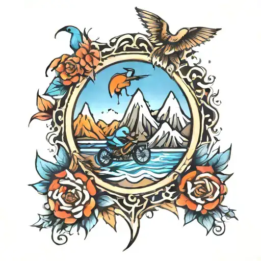 ride in the echoes, mountain ledge tattoo design idea