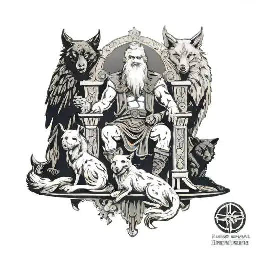 Odin sitting on his throne, surrounded by his wolves and ravens, in a black-grey style tattoo design idea