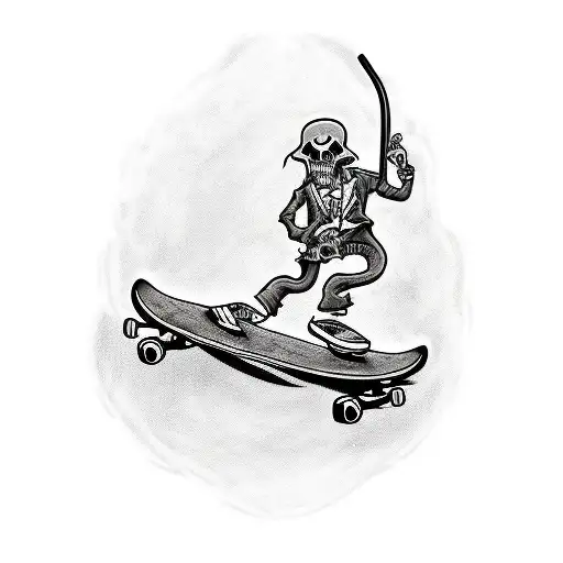 tattoo design that is a grim reaper on a skateboard going really fast in the art style of rat fink  tattoo design idea