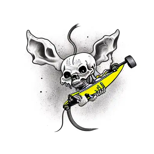 tattoo design that is a grim reaper on a skateboard going downhill really fast in the art style of rat fink  tattoo design idea