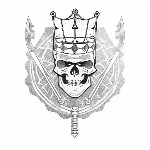 Skeleton wearing king robe and crown holding royal sceptor tattoo design idea