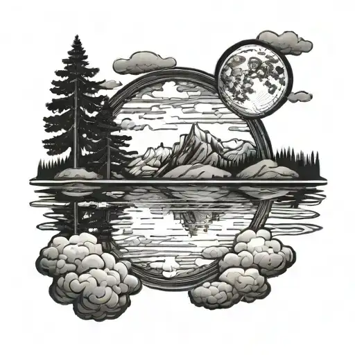 A blackwork tattoo of a serene lake reflecting the moon and clouds above tattoo design idea