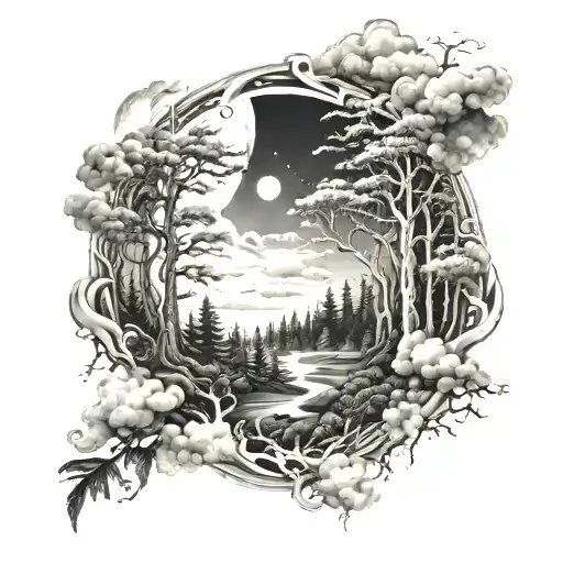 A detailed black and grey tattoo of a mystical forest with a moon shining through the clouds tattoo design idea