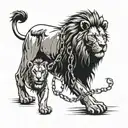 angry and injured lion with scars that is locked in chains lion is defending crying kid that is hiding behind damaged sh tattoo design idea