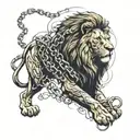 angry and injured lion with scars that is locked in chains lion is defending crying kid that is hiding behind damaged sh tattoo design idea