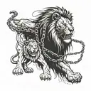 angry and injured lion with scars that is locked in chains lion is defending crying kid that is hiding behind damaged sh tattoo design idea