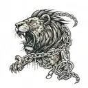 angry and injured lion with scars that is locked in chains lion is defending crying kid that is hiding behind damaged sh tattoo design idea