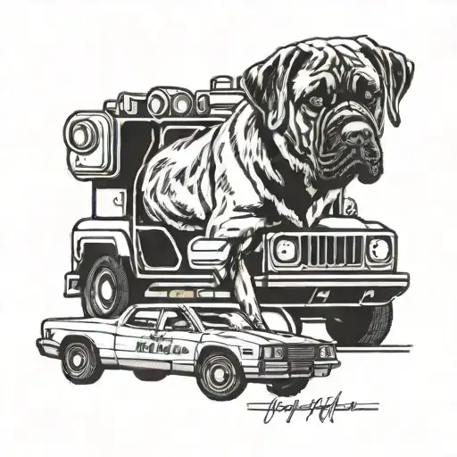 A tattoo of a mastiff puppy playing with a cop car toy, showcasing your love for your puppy and your job tattoo design idea