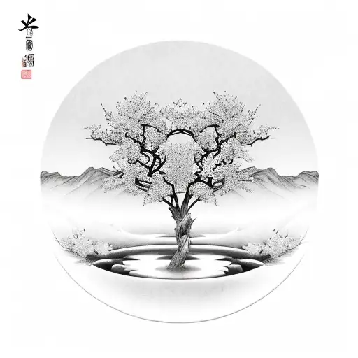 koi fish Yin and Yang with sakura trees around it tattoo design idea