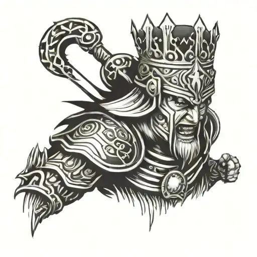 A fierce warrior charging into battle with a crown on their head tattoo design idea