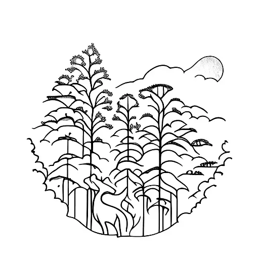 A blackwork tattoo of a serene forest with a hidden silhouette of a cat among the trees tattoo design idea