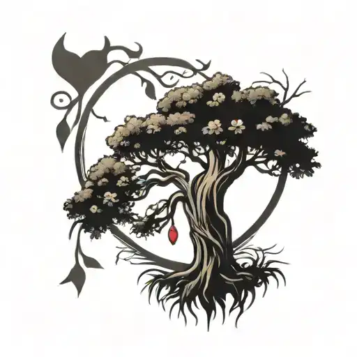 willow tree with a pumping heart in the center surrounded tattoo design idea