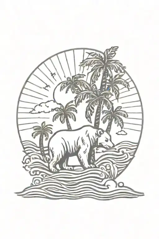 California bear, hearts, sun, wave, dog paw, &  palm tree. tattoo design idea