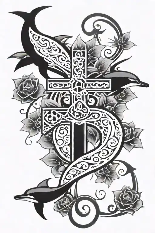 tribal cross intertwined with a cresent moon with a tribal dolphin and flowers  tattoo design idea
