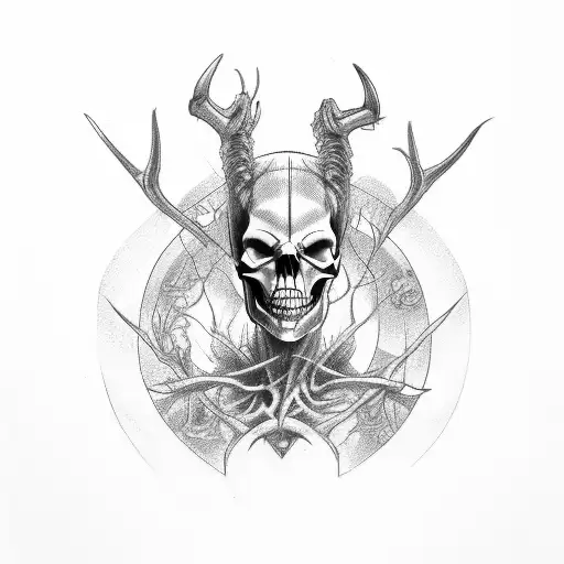tattoo line sketch, skull head of wendigo,  symmetrical tattoo design idea