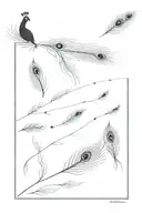 single peacock feather dissolving into 6 birds  tattoo design idea