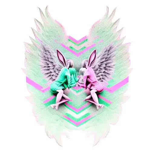 Bunny and angel wings with pink and sage green color scheme tattoo design idea