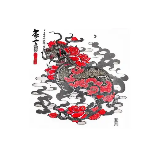 samurai lying down on a bunch of roses and covered in blood tattoo design idea