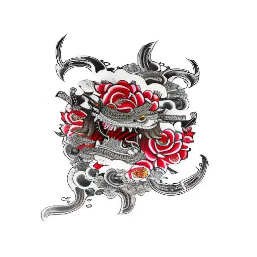 samurai lying down on a bunch of roses and covered in blood tattoo design idea