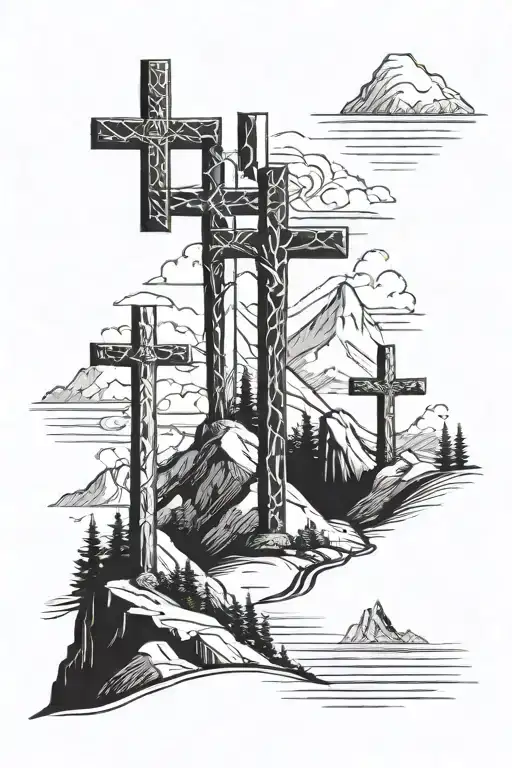 3 crosses in a line with a mountain tattoo design idea