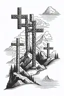 3 crosses in a line with a mountain tattoo design idea