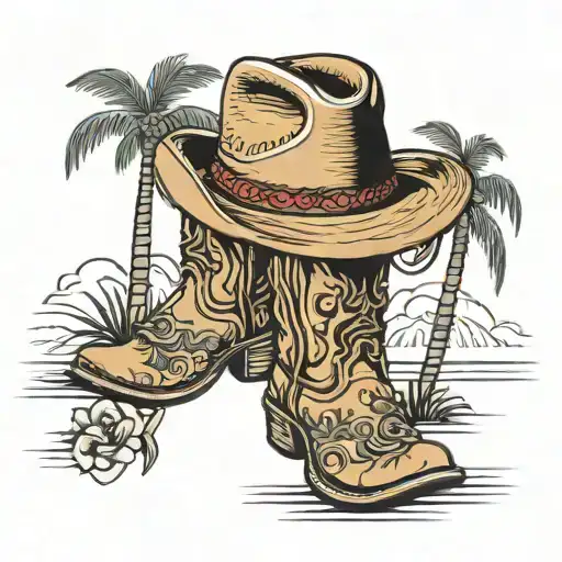 palm trees with stetson hat snd cowboy boots tattoo design idea