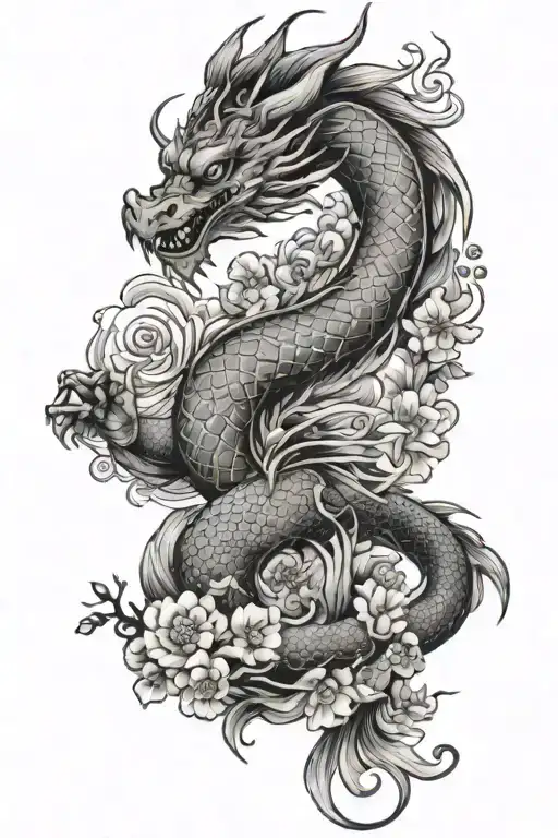 japanes dragon with flowers and koi fish tattoo design idea