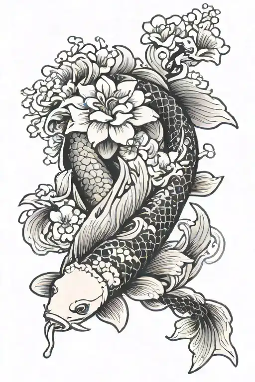 koi fish with flowers blooming tattoo design idea