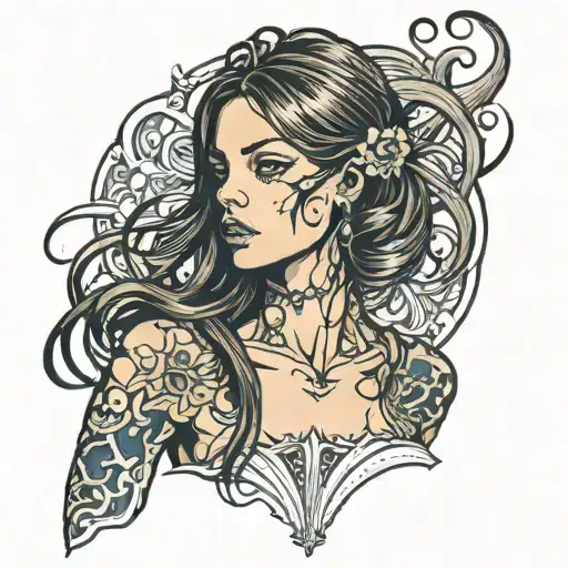 skinny french girl, long straight brown hair wet, mouth open in extasy tattoo design idea